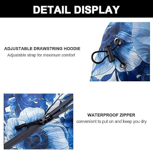 Royalotic Rain Poncho Reusable Adult Waterproof Raincoat with Hood and Zipper, Lightweight Packable Rain Jacket Cape with Pocket for Men and Women (Blue Flower, One Size) — view 5