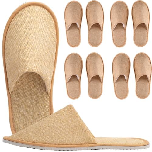5 Pairs Linen Closed Toe Brown Spa Slippers Disposable Soft Hotel Guest Slippers Men and Women for Spa, Party Guest Visit, Hotel and Travel Non Slip Fits up to UK Men Size 8.5 and Women Size 9 (Brown)