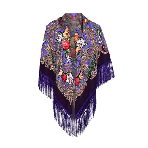 Women Lady Muslim Folk Custom Print Tassel Square Scarf Wrap Shawl Travel Scarve (Purple, One Size)