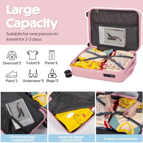 H.yeed Carry on Suitcase ABS Hard Shell Lightweight Small Trolley Travel Cabin Luggage with 4 Double Spinner Wheels TSA Lock for Women, 21" Pink — view 6