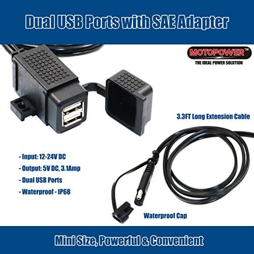 MOTOPOWER 3.1Amp Waterproof Dual Motorcycle USB Charger Kit with SAE Terminal Cable — view 2