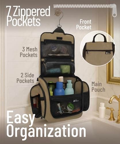 D&D Hanging Toiletry Bag for Women and Men, Travel Wash Bag, Light Brown — view 3