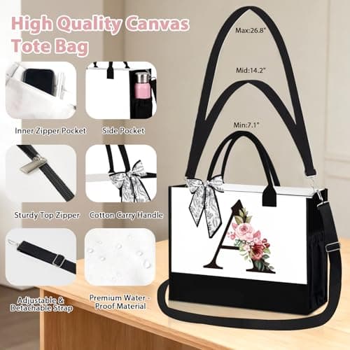 Initial Canvas Tote Bag, Personalized Gifts for Women, Personalized Makeup Bag, Cosmetic Bags, Suitable for Wedding, Birthday, Beach, Holiday, Gift for Women, Mom, Teachers, Friends, Bridesmaids — view 3