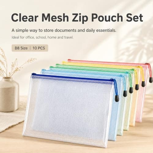 Solvind 10 Pack B8 Plastic Mesh Zipper Bags, Waterproof Zip File Folders, Small Document Storage Pouches for Office Home Travel Stationery Organisation, Multicolour — view 3