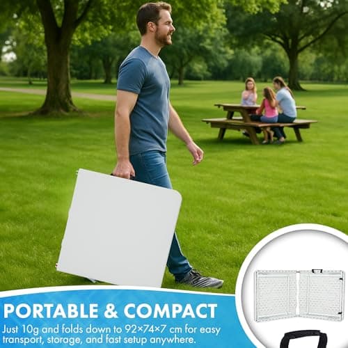 Nyxi 6ft Folding Table – 180x74x74cm – All White Top, Frame & Legs – Heavy-Duty, Waterproof, Portable Table for Camping, BBQs, Garden, Parties – Easy Setup & Storage — view 3