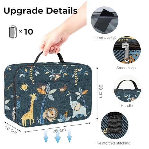Clastyle Forest Animal Insulated Kids Lunch Bag Leaf Large Thermal Cooler Bag for Boy Picnic School Toddler Lunch Box Tote,Black — view 6