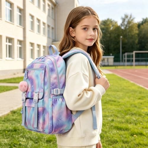 Purple Girls Backpack Kids School Bag with Cute Pendant Elementary Middle Large BookBag for Teen Girls Grade 3-7 Casual Rucksack for School or Travel Outing Anti-Theft Daypack Multiple Pockets 10Years — view 5
