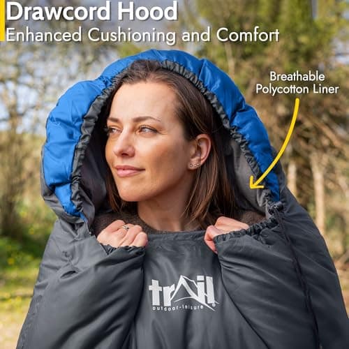 Trail Alpine 250 XL Sleeping Bag with Hood (L230cm x W100cm), Large Extra Wide Envelope Sleeping Bag, 2 to 3 Season Camping, Lightweight, Water Resistant, Soft Polycotton Liner, Compression Bag (Blue) — view 4