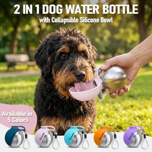 2 in 1 Portable Dog Water Bottle, Stainless Steel Pet Water Dispenser with Foldable Silicone Bowl for Walks Hiking & Travel, 285ML Pet Water Bottle for Small Dogs, Pink — view 4