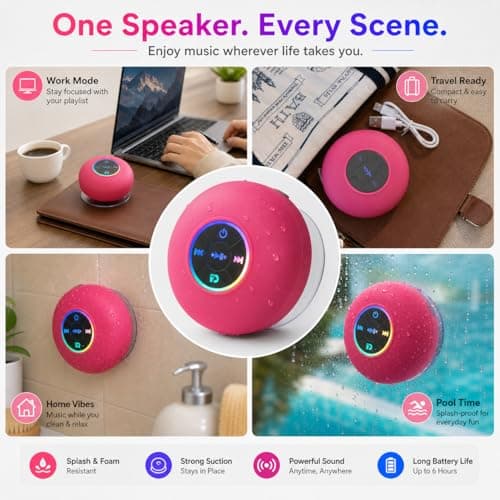 Luzsco Waterproof Bluetooth Shower Speaker with LED – Portable Wireless Mini Speaker with Mic & Suction Cup, IPX4 Water Resistant for Shower, Travel, Pool, River Floating, and Outdoor Fun (Plum) — view 4