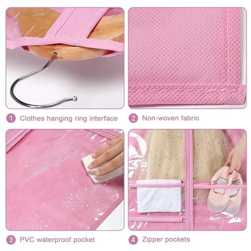 Pink Dance Costume Bag 60x100cm, Foldable Dress Bag with Zipper Pockets, Costume Garment Bags for Dancers, Travel Suit Cover for Dancers & Competitions — view 3