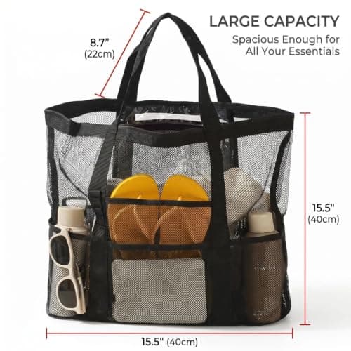 SINJAETRQ Mesh Beach Storage Bag with Multiple Pockets, Black Mesh Tote for Swimming Beach Travel, Large Capacity Sandproof Organizer 55×40cm with Reinforced Handles — view 3