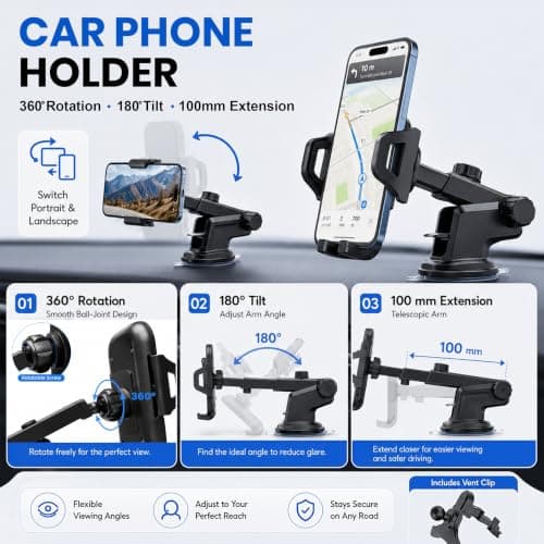 Laven & Ivory Car Phone Holder for Cars, 2-in-1 Dashboard & Air Vent Phone Holder for Car, 360° Adjustable Strong Suction Car Phone Mount, One-Button Release for iPhone & Android 4–7 Inch — view 3