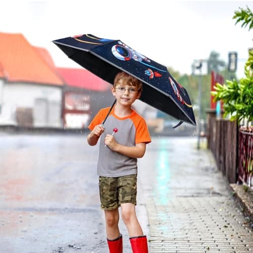 Decalsweet Kids Travel Folding Umbrella,Strong Windproof Automatic Compact Umbrella with Reflective Strips,UV Protection Sun Umbrella for Boys Girls-Astronaut Planet — view 3
