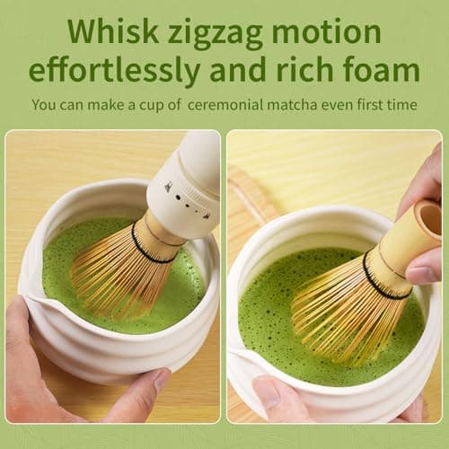 ZENRC Handheld Battery Powdered Bamboo Matcha Whisk Mate Automated Ceremony Chasen - Electric Mocha Stirer - Nice Portable Matcha Set Gift Kit (Battery not included, Beige, set 3) — view 3