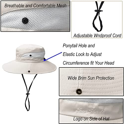 KorhLeoh Women's Outdoor UV-Protection-Foldable Sun-Hats Mesh Wide-Brim Beach Fishing Hat with Ponytail-Hole Beige — view 6