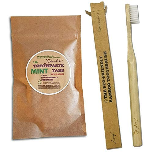 Dentin Toothpaste Tablets & Leaf Bamboo Toothbrush Set - Eco Friendly Dental Care by PlanetWood (120 (2 Months) + 1 Brush)