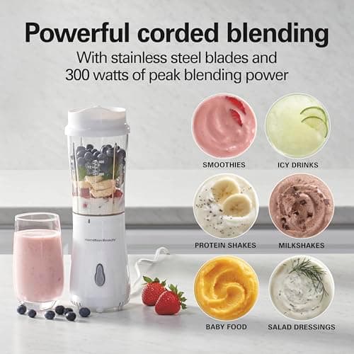 Hamilton Beach Portable Blender for Shakes and Smoothies with 14 Oz BPA Free Travel Cup and Lid, Durable Stainless Steel Blades for Powerful Blending Performance, 2 Jars - White (51102V) — view 3