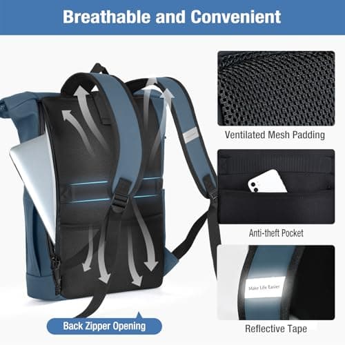 Lekeinchi Waterproof Laptop Backpack for Men and Women - Roll Top Design for School, Travel, Business, Work, and Camping(Blue) — view 5