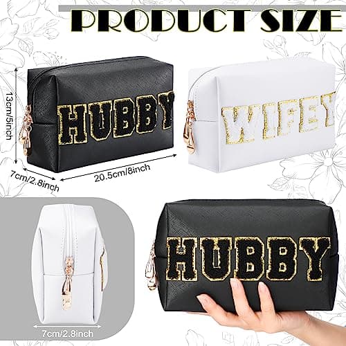 Pinkunn 2 Pcs Wifey Hubby Makeup Bag Bride Patch Cosmetic Bag Mrs Travel Toiletry Purse White Letter PU Leather Waterproof Pouch Wedding Bridal Shower Honeymoon Gift for Women Party Organizer — view 2