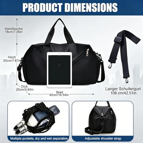 Gym Duffle Bag 30L, Lightweight Travel Gym Bag with Shoe Compartment | Adjustable Strap | Wet-Dry Pocket, Waterproof Sports Holdall for Men Women, Ideal for Overnight Weekender Travel Swimming, Black — view 2