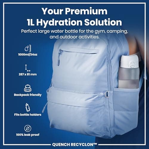 ION8 1 Litre Water Bottle with Times to Drink, Leak Proof, Flip Lid, Carry Handle, Dishwasher Safe, BPA Free, Soft Touch Contoured Grip, Ideal for Gym, Health and Fitness, 32 oz, White — view 2