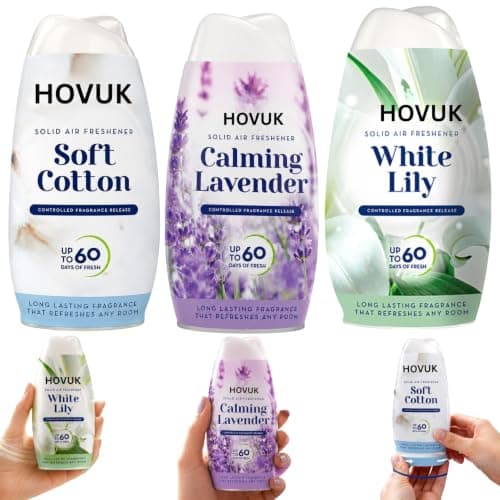 Solid Air Freshener Pack of 3Pcs, Soft Cotton, White Lily & Calming Lavender 221g, Room Freshener with Adjustable Fragrance Control, Up to 60 Days, for Bathroom Bedroom Office Kitchen