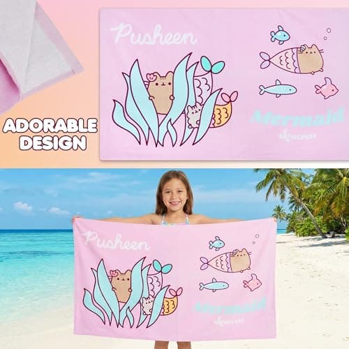 Get Trend Pusheen Beach Towel for Girls, 100% Cotton Bath Towel for Kids & Teens, Soft & Absorbent with Mermaid-Themed Design, Travel, Swimming Pool, Home & Holiday Essentials — view 5
