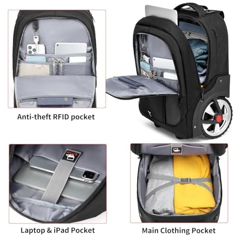 RUCYEN Rolling Backpack,Waterproof Backpack with Wheels for Business and Travel Commuter, Carry on Backpack with Laptop Compartment, Fit 17 Inch Laptop, Wheeled Backpack for Adults — view 4
