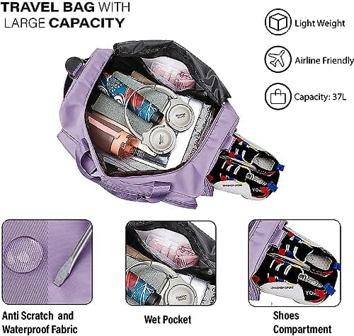 CarryFitness® Sports Gym Bag Duffle Bag with Shoes Compartment, Waterproof Weekend Bags for Women and Men, Hand Luggage Bag, Lightweight Holdall Hospital Overnight Bag - Purple 37L — view 3