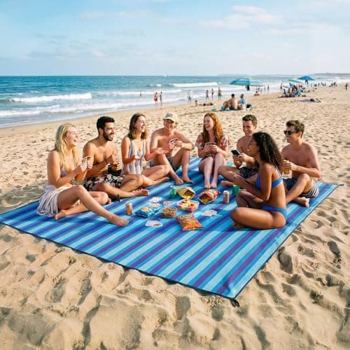 Beach Blanket Sandproof Waterproof,274 x 305 cm Extra-Large Beach Mat with Stakes &Travel Bag,Lightweight,Quick Dry,Portable Picnic Mat Beach Essentials for Outdoors,Cruise,Picnic &Camping,Blue Stripe
