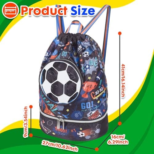PinkSheep Swimming Bag for Kids, Gym Drawstring Backpack for Girls Boys - Waterproof Beach Bags with Shoes Compartment and Wet Proof Pocket for Swimming Pool Beach Travel School (Football) — view 2
