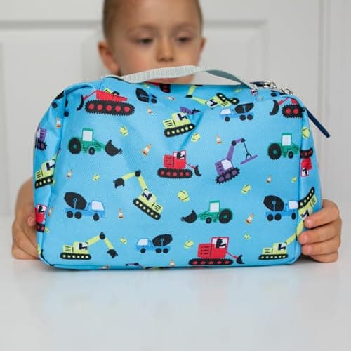 tiddlers & nippers | Kids Travel Wash Bag | Hanging Toiletry Bag & Organiser | Lightweight, Compact & Expandable | Zipped Storage Compartment, Carry Handle & Hanging Hook (Diggers & Lorries) — view 3