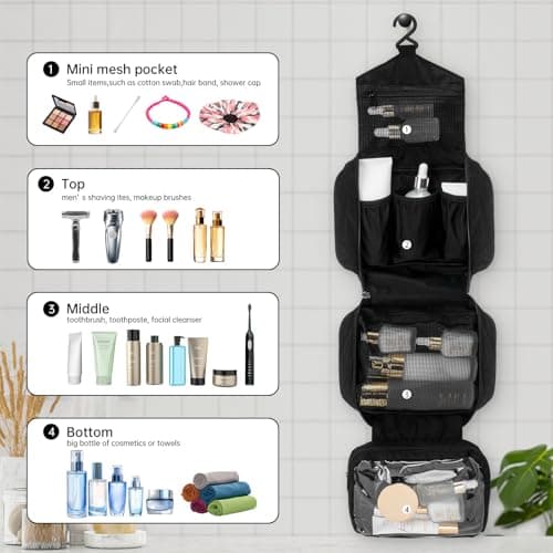 Boic Hanging Toiletry Bag Mens, Mens Washbag, Wash Bag for Men Women, Black — view 4