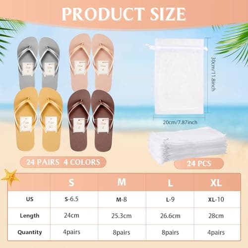 Unittype 24 Pairs Flip Flops Bulk for Wedding Guest Slippers Wedding Flip Flops with Cards Bags for Pool Beach Party, Brown, Rose Gold, Gold, Gray, S,M，L，XL — view 4