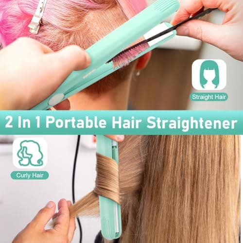 LOPHE Mini Ceramic Plate Hair Straightener, 10s Fast Heating Flat Irons Curling Iron Hair Portable Travel Curling Wand Upgraded Dual-use Hair Curler for Short and All-Hair Types (Green) — view 3