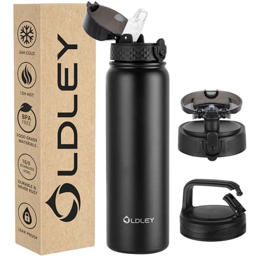 OLDLEY Stainless Steel Water Bottle with Straw 1L Vaccum Insulated Large Drink Flask Metal Water Bottles 1 Litre Leakproof Keep Drinks Hot Cold for Bike Sports Gym with Different Lids(Black, 3 Lids)