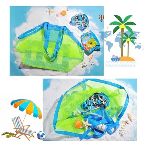 Large Mesh Beach Bag for Toys Sand Away Tote with Zipper for Child Swim Pool Travel Sandy Shoes Wet Towels 18 x 12 x 18inch Green Straps Blue Mesh — view 5