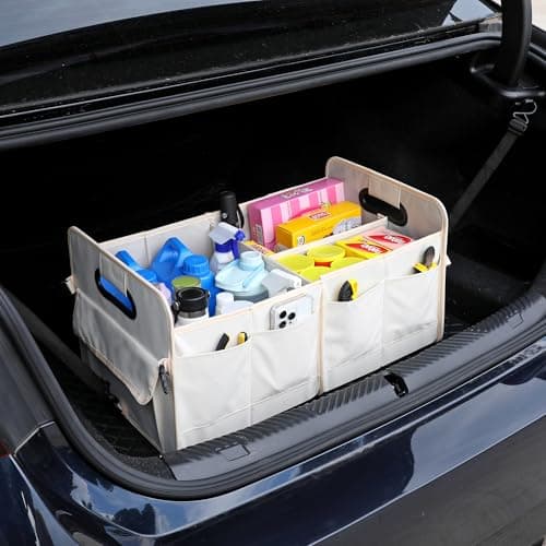 austoces Car Boot Organizer,Collapsible Durable Multi Compartments Car Storage Organiser With Adjustable Straps (Beige) — view 4