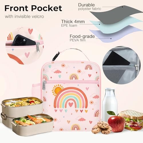 Clastyle Rainbow Insulated Lunch Bag Large Thermal Cooler Bag for Girl Picnic Lunch Box Tote, Rainbow Sun — view 5
