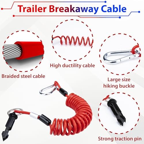 2 PCS Trailer Breakaway Switch, with 4 FT Coiled Trailer Brake Away Cable, Trailers Breakaway Kit with Pull Pin Steel Spring Towing Wire, Trailers Emergency Brake Cable for RV Travel Trailers Towing — view 5