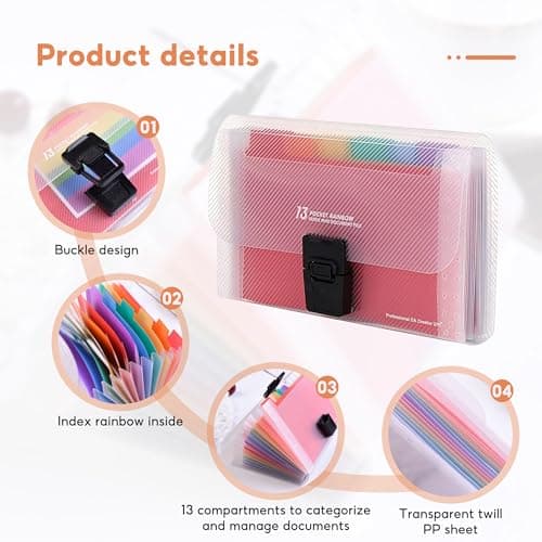 File Organiser, 4 Pack Expanding File Folder A6 Size, 13 Pockets Portable Rainbow Document Organiser, Rainbow Expanding Concertina Filing Folde, Organiser Box Files with Colored Labels Index — view 3