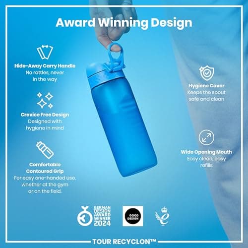ION8 Sports Water Bottle, 750 ml/24 oz, Leak Proof, Easy to Open, Secure Lock, Dishwasher Safe, BPA Free, Flip Cover, Carry Handle, Soft Touch Contoured Grip, Easy Clean, Odour Free, Blue — view 6