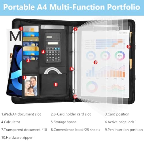 AOOSU Portfolio Folder A4 Vegan Leather 4-Ring Conference with Calculator — view 3
