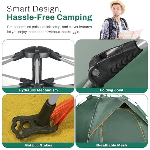 Qisan Hydraulic Dome Tent Automatic Camping Tents 3-4 Person Canopy Easy to Set up and Package for Outdoor Garden Backpacking Hiking (Green) — view 5