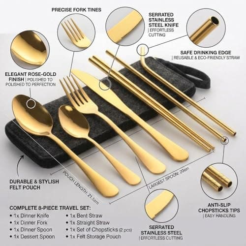 Personalised Engraved Cutlery Set | Custom Adult Cutlery Set | 9-Piece Stainless Steel Utensils | Knife, Fork, Spoons, Chopsticks & Straws | Portable Travel Case with Engraved Logo/Text (Gold) — view 3