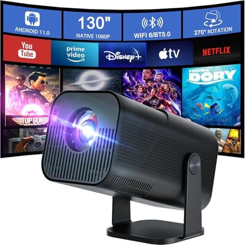 Portable Smart Projector with WiFi & Bluetooth, Native 1080P Supports 4K, 300 ANSI Lumens, Auto Keystone, Android 11.0, Hi-Fi Speaker for Home Cinema, Bedroom, Outdoor