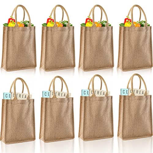 DEAYOU 8 Pack Jute Burlap Tote Bags, Burlap Gift Tote with Handles, 25×30×10 cm Jute Beach Bags Reusable Lined Grocery Totes for Bridesmaid, DIY, Shopping, Pool, Wedding, Natural — view 5