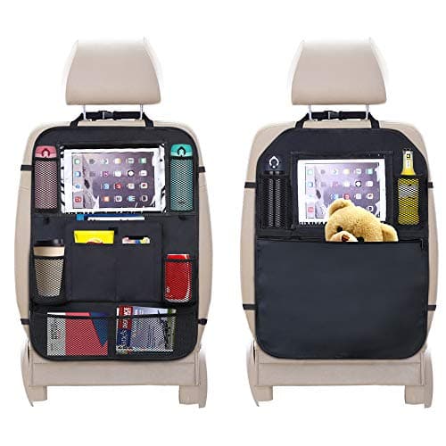 URAQT Car Organiser, Back Seat Organizer with Waterproof Kick Mats, Kids Toy Storage, Multi Pockets, Tablet Holder - Family Car Accessories (2 pc)