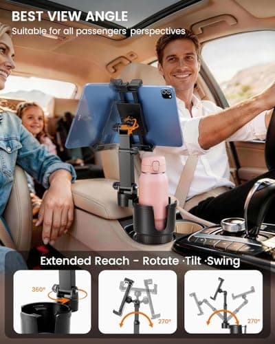 OHLPRO Cup Holder Tablet Mount for Car, Anti-Shake iPad Stand with Drink Holder Fits 5-17" iPad, Tab S10, iPhone, Heavy Duty Truck Vehicle Auto Accessories, Dual Handle Slots Large Mugs — view 5